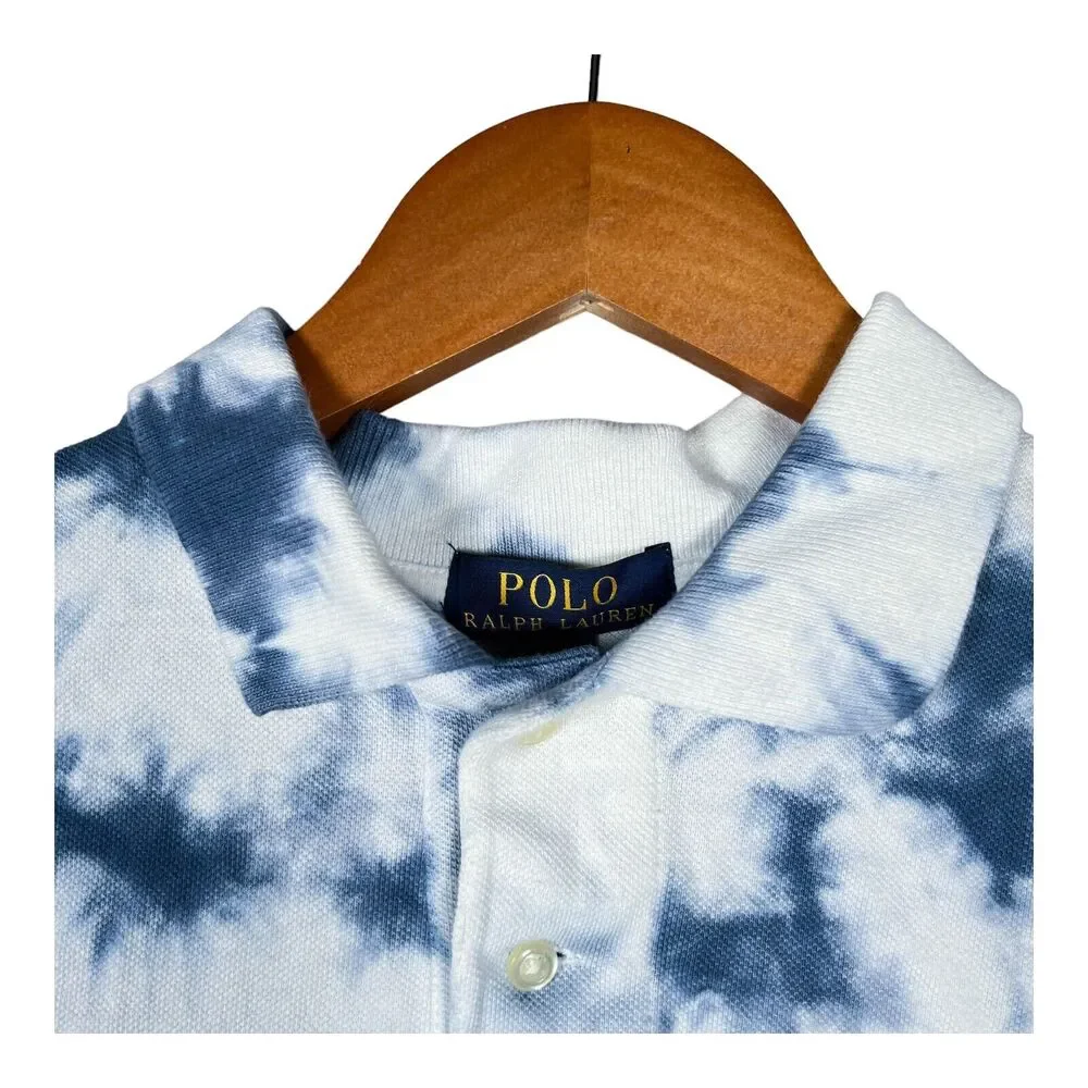 Polo By Ralph Lauren Mens Indigo Blue Tie Dye Polo Shirt Short Sleeve White Sz S